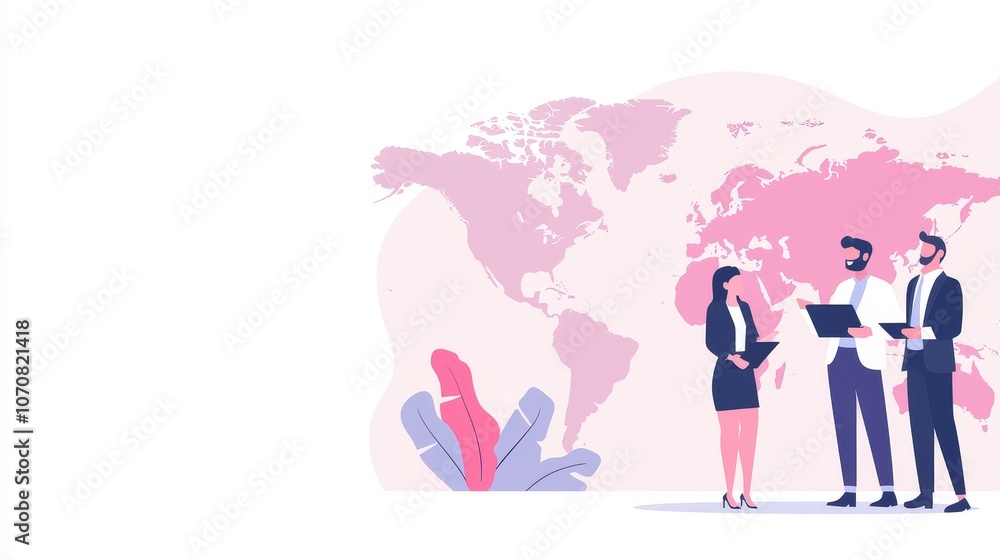 Business professionals collaborate on global strategy amidst a world map background for enhanced engagement Business professionals collaborate on global strategy amidst a world map background for enhanced engagement