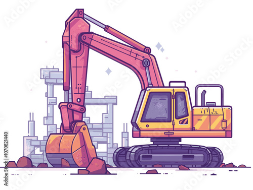 Red and yellow construction machine is digging into the ground. The machine is surrounded by rubble and debris, indicating that it is in the process of breaking down a building. The scene is dark