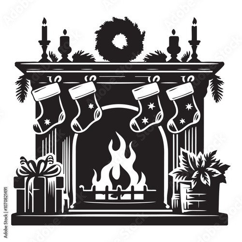 Cozy Fireplace with Stockings silhouette vector art black color design and solid white background 