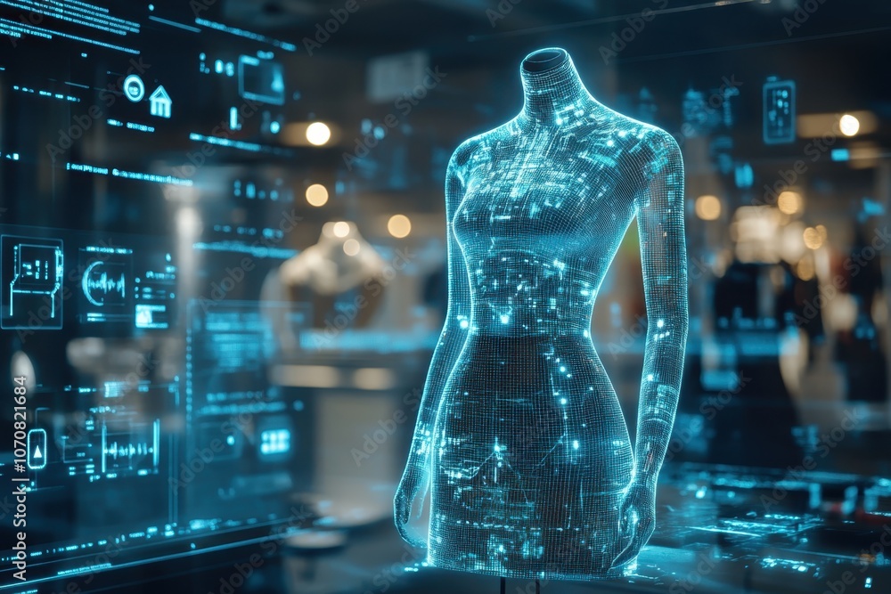 Digital fashion display showcasing a holographic mannequin in a modern retail environment Digital fashion display showcasing a holographic mannequin in a modern retail environment