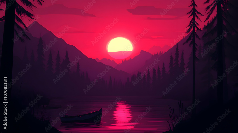 A minimalist illustration of a sunset over a lake with a single boat in the foreground. A minimalist illustration of a sunset over a lake with a single boat in the foreground.