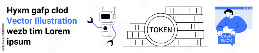 Robot greeting, cryptocurrency coin stacks labeled TOKEN, person with cash back illustration. Ideal for finance, technology, blockchain, AI, fintech, digital marketing, and rewards programs. Landing Robot greeting, cryptocurrency coin stacks labeled TOKEN, person with cash back illustration. Ideal for finance, technology, blockchain, AI, fintech, digital marketing, and rewards programs. Landing