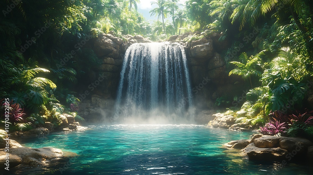 Majestic Tropical Waterfall Cascading into a Pristine Blue Pool Image Majestic Tropical Waterfall Cascading into a Pristine Blue Pool Image