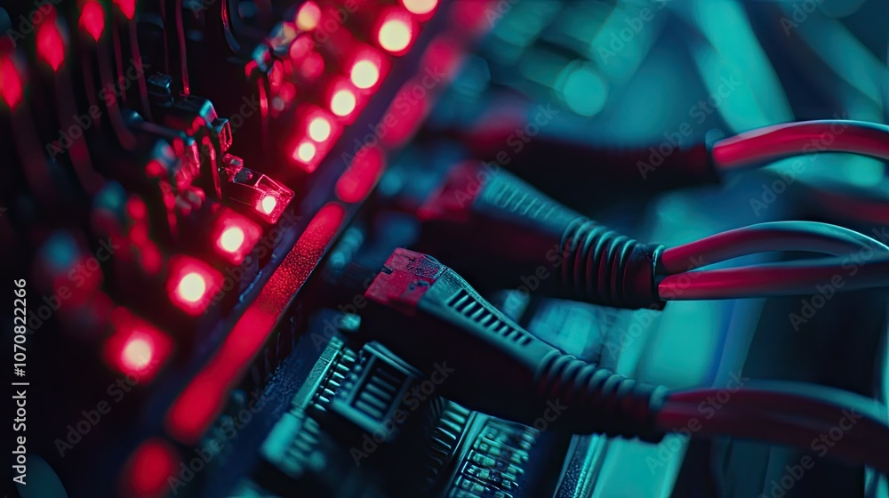 Ethernet cables in a network switch, LED indicators blinking, representing real-time data exchange in a tech infrastructure. Ethernet cables in a network switch, LED indicators blinking, representing real-time data exchange in a tech infrastructure.