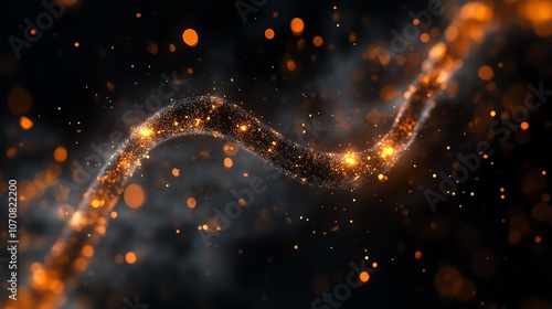 Abstract glowing wave with shimmering particles on a dark background.