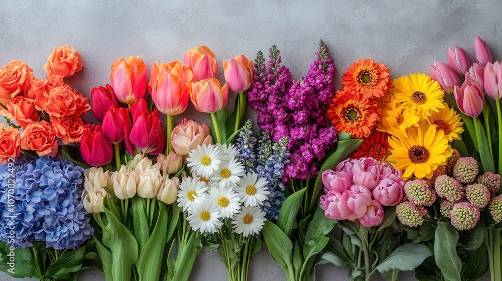 Fototapeta premium Vibrant Floral Arrangement on Gray Background