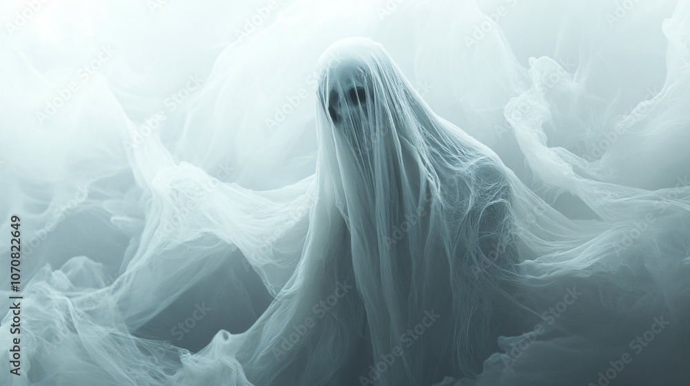 A ghost or a vision in a white sheet. Halloween. An eerie ghostly being made of ectoplasm. The concept of horror and anxiety. Illustration for cover, postcard, interior design, decor or print A ghost or a vision in a white sheet. Halloween. An eerie ghostly being made of ectoplasm. The concept of horror and anxiety. Illustration for cover, postcard, interior design, decor or print