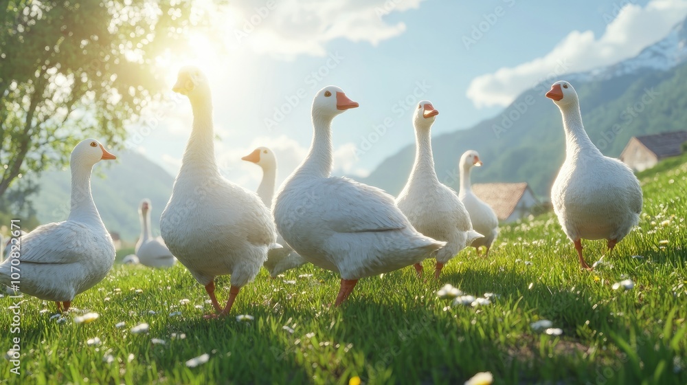 Flock of white geese standing on a grassy hill under bright sunshine, with open fields and blue skies creating a beautiful outdoor view. Flock of white geese standing on a grassy hill under bright sunshine, with open fields and blue skies creating a beautiful outdoor view.