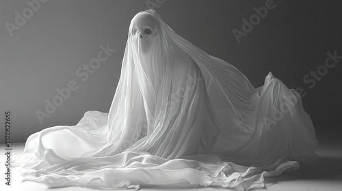 A ghost or a vision in a white sheet. Halloween. An eerie ghostly being made of ectoplasm. The concept of horror and anxiety. Illustration for cover, postcard, interior design, decor or print photo