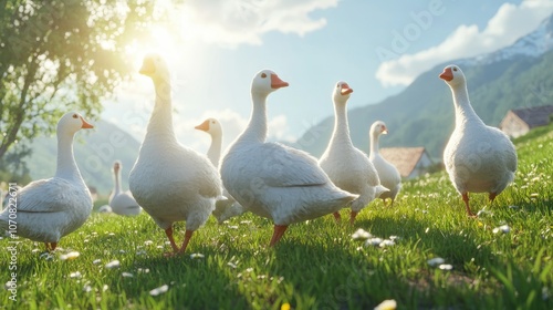 Flock of white geese standing on a grassy hill under bright sunshine, with open fields and blue skies creating a beautiful outdoor view.