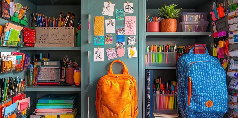 Naklejka premium A Colorful and Organized Storage Cabinet Filled with Art Supplies and Backpacks