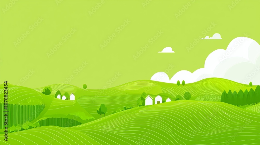 Explore vibrant green landscapes with charming houses nestled among the rolling hills Explore vibrant green landscapes with charming houses nestled among the rolling hills