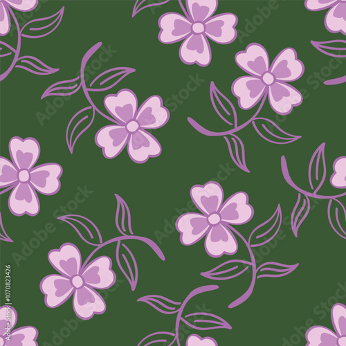 Flower garden wallpaper design vector prepared for textile printing. Seamless floral pattern with abstract hand drawn flower and leaf background elements in purple