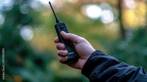 Hand holding a walkie-talkie against a blurred background, thumb on the button, showcasing a ready-to-respond communication device.