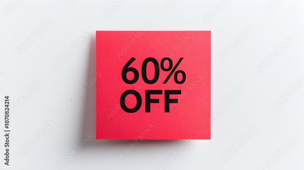 Black '60% OFF' Text on a Red Square Paper Note. White Background with Copy Space Black '60% OFF' Text on a Red Square Paper Note. White Background with Copy Space