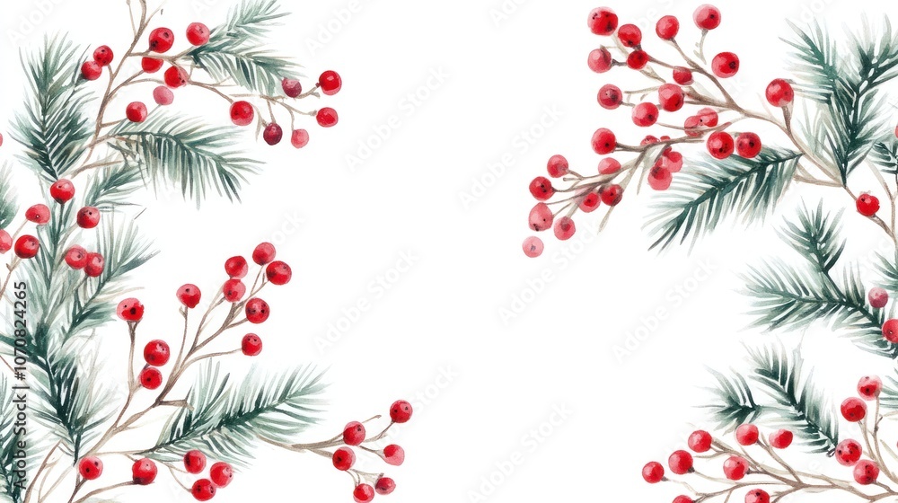 Winter border featuring fir branches with red berries, festive and simple Christmas style on white. Winter border featuring fir branches with red berries, festive and simple Christmas style on white.