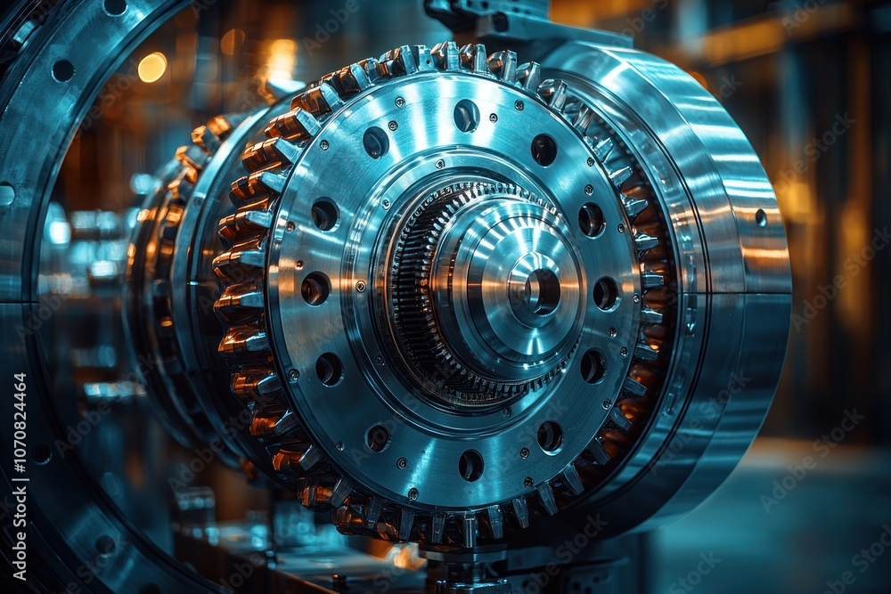 Close-up of a Shiny Metal Gear with a Circular Gear Face and a Central Hole Close-up of a Shiny Metal Gear with a Circular Gear Face and a Central Hole