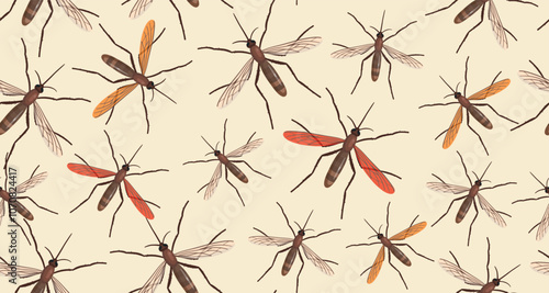 Seamless pattern of mosquito pattern. Realistic mosquito on beige background. Vector.