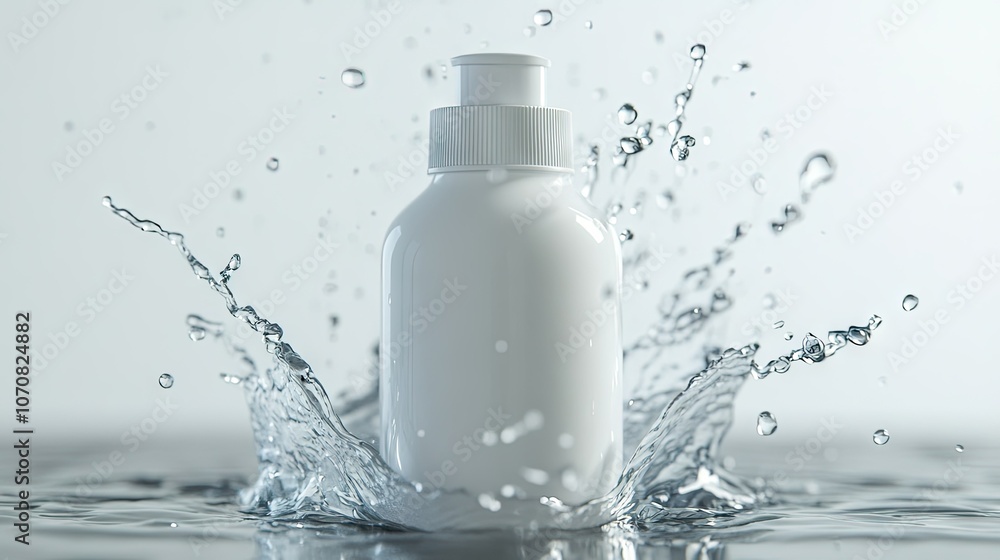 Minimalistic cream bottle mockup mid-splash in water, highlighting freshness and beauty with vibrant water droplets. Minimalistic cream bottle mockup mid-splash in water, highlighting freshness and beauty with vibrant water droplets.
