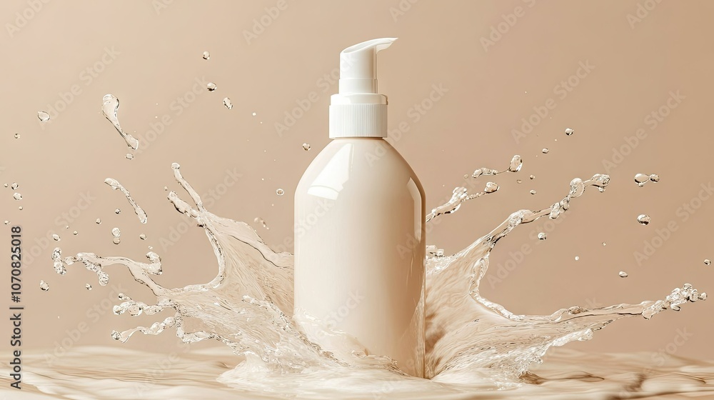 Minimalist cream bottle mockup embraced by dynamic water splashes, with droplets frozen in motion to evoke hydration. Minimalist cream bottle mockup embraced by dynamic water splashes, with droplets frozen in motion to evoke hydration.