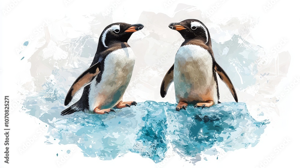 Fototapeta premium Two charming penguins interact playfully on an icy surface amidst a beautiful background