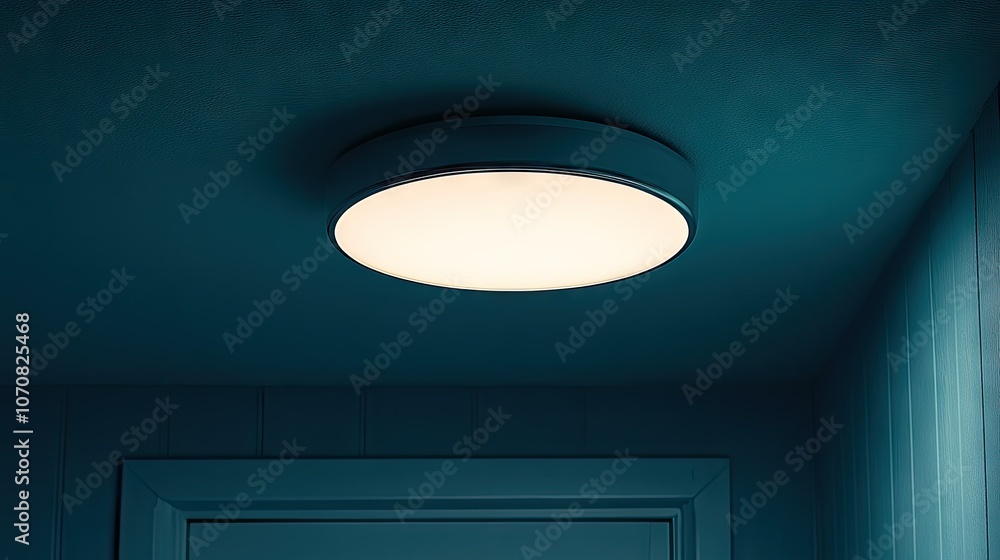 Modern lamp fixture on the ceiling glowing in the dark, with subtle light patterns forming a serene atmosphere. Modern lamp fixture on the ceiling glowing in the dark, with subtle light patterns forming a serene atmosphere.