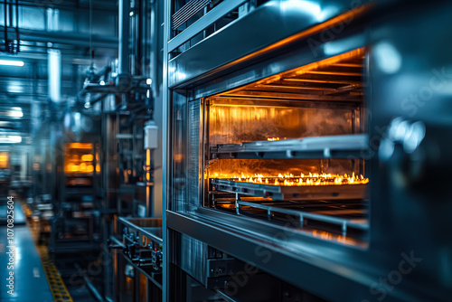 Large industrial building with many ovens and a man in the middle. Scene is industrial and possibly dangerous