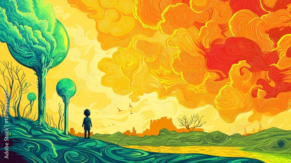 A boy gazes at a vibrant landscape filled with colorful clouds and trees A boy gazes at a vibrant landscape filled with colorful clouds and trees
