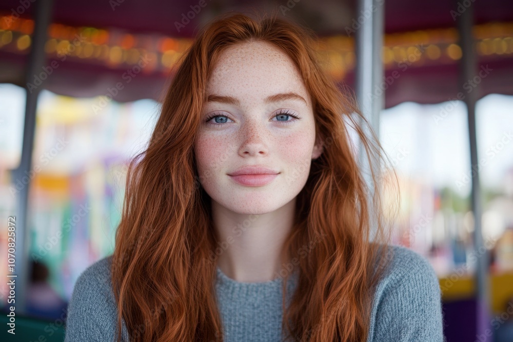 A beautiful young woman with long red hair and freckles smiles softly, sitting in front of a blurred colorful background, at a fun fair or amusement park A beautiful young woman with long red hair and freckles smiles softly, sitting in front of a blurred colorful background, at a fun fair or amusement park