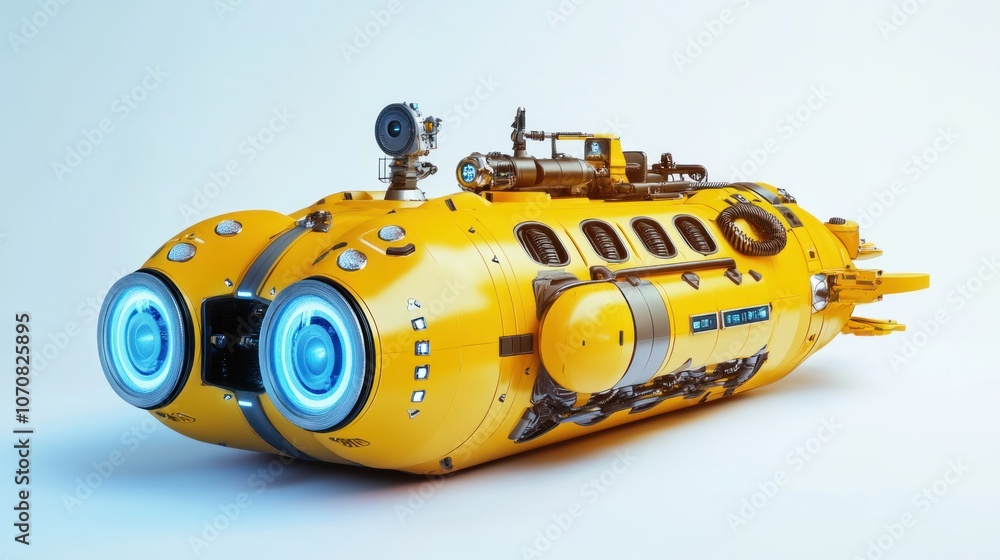 Fototapeta premium Yellow submarine robot, innovative technology for deep-sea exploration, isolated.