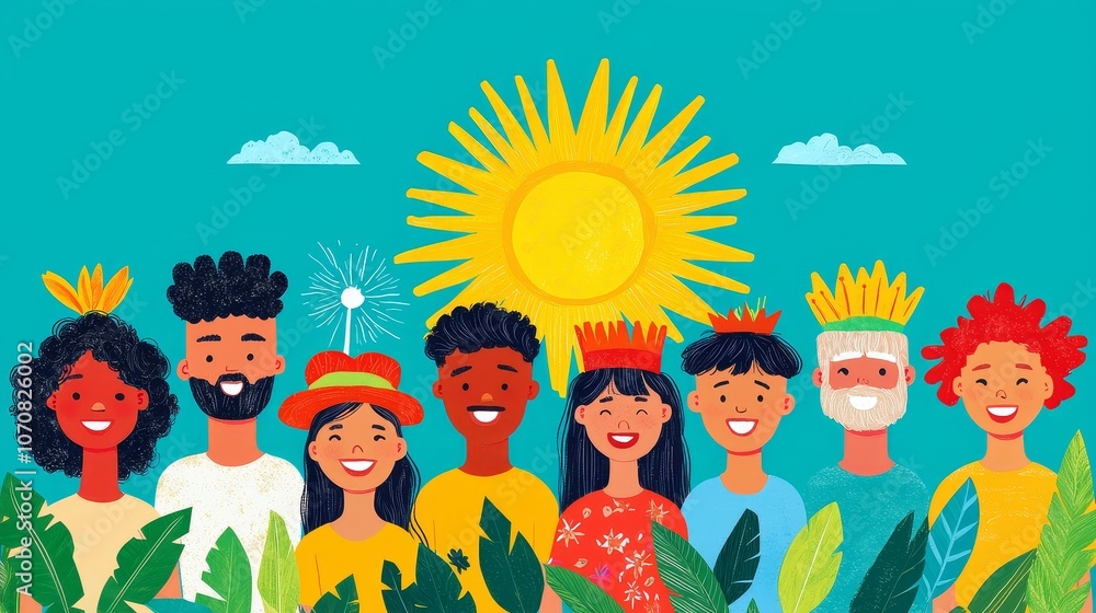 Celebrate diversity and unity with a vibrant group of friends under the sun in a colorful outdoor setting Celebrate diversity and unity with a vibrant group of friends under the sun in a colorful outdoor setting