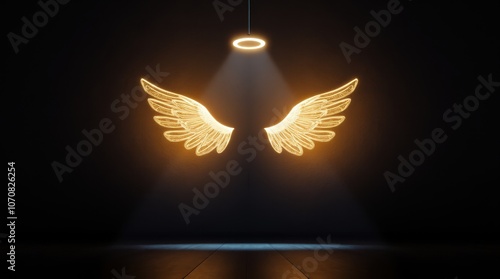 A photo spot with glowing angel wings and a halo suspended in front of a dark wall photo