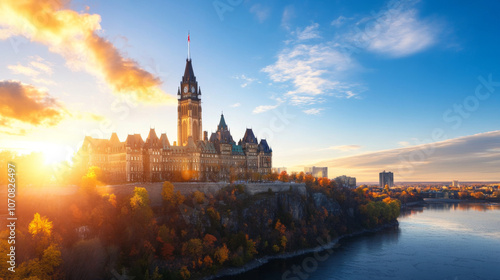 A scenic view of Parliament Hill in Ottawa, with the iconic Peace Tower standing tall against a blue sky.