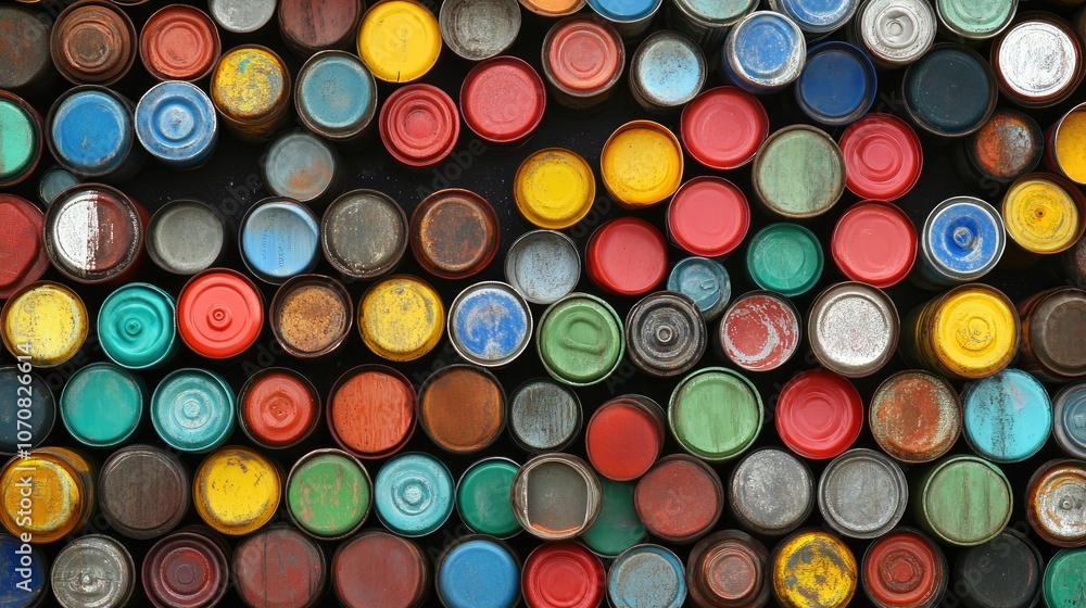 Recyclable items a collection of tin cans and vibrant plastic bottle caps neatly placed, emphasizing sustainability and waste reduction. Recyclable items a collection of tin cans and vibrant plastic bottle caps neatly placed, emphasizing sustainability and waste reduction.