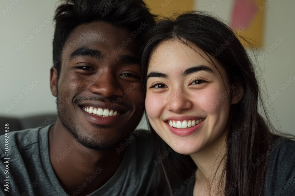 Young cheerful mixed race married couple smile looking at the camera, enjoying time together in their home. Young cheerful mixed race married couple smile looking at the camera, enjoying time together in their home.