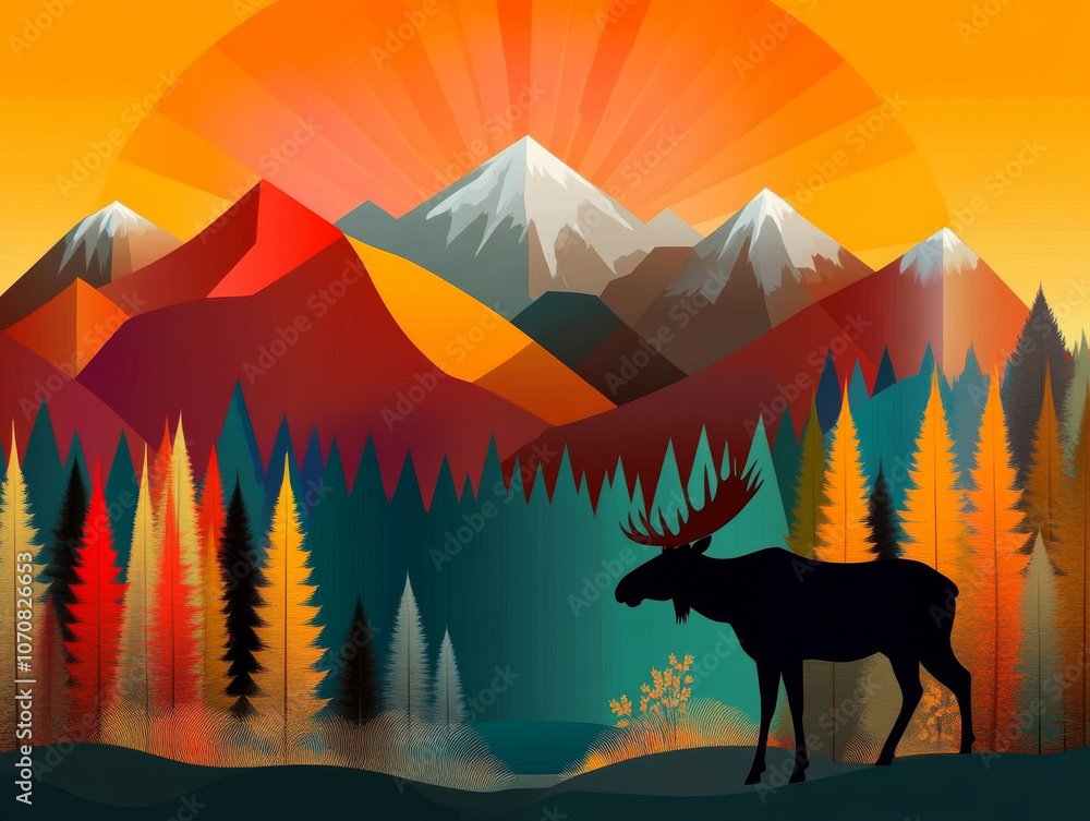 A scenic view of the Alaskan wilderness, with snowy mountains, evergreen trees, and a moose in the foreground. A scenic view of the Alaskan wilderness, with snowy mountains, evergreen trees, and a moose in the foreground.