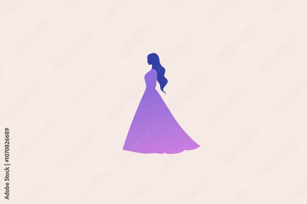A silhouette of a woman in a flowing dress, depicted in a gradient of purple shades. The background is a soft beige, enhancing the elegance of the figure A silhouette of a woman in a flowing dress, depicted in a gradient of purple shades. The background is a soft beige, enhancing the elegance of the figure