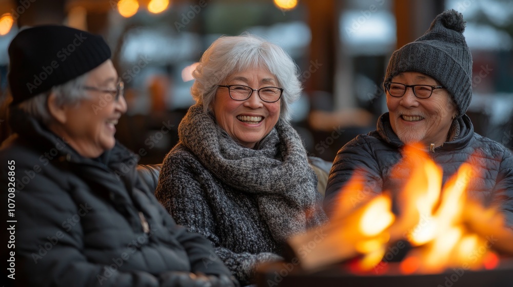 Obraz premium Three seniors are seated together, sharing smiles and laughter by a warm fire pit. They are wrapped in cozy scarves and hats, enjoying a pleasant winter evening filled with camaraderie.