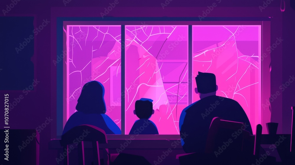 Family faces uncertainty as they watch the world through a shattered window Family faces uncertainty as they watch the world through a shattered window