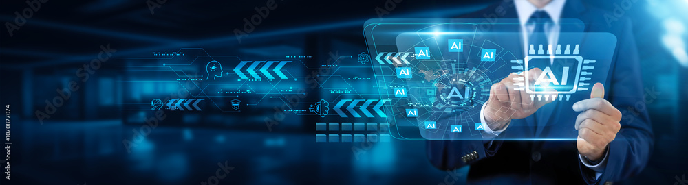 Businessman touching interface and interacting with artificial intelligence (AI), digital transformation strategies, AI-driven decision-making, predictive analytics, and automated processes concept. Businessman touching interface and interacting with artificial intelligence (AI), digital transformation strategies, AI-driven decision-making, predictive analytics, and automated processes concept.