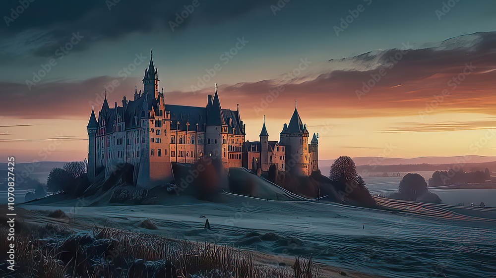 Obraz premium Historic Castle in Vast Open Landscape at Sunset