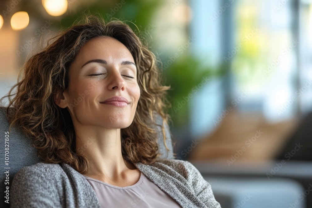 Woman relaxing in a cozy indoor setting, enjoying a moment of tranquility and peace