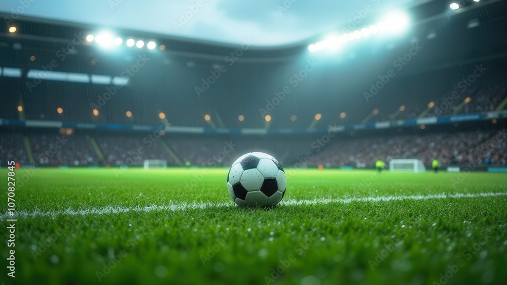 Obraz premium A soccer ball lies on a lush green field of a packed stadium under bright floodlights, in the rain