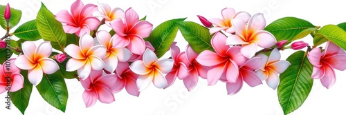 A branch of pink and white plumeria flowers with green leaves against a white background