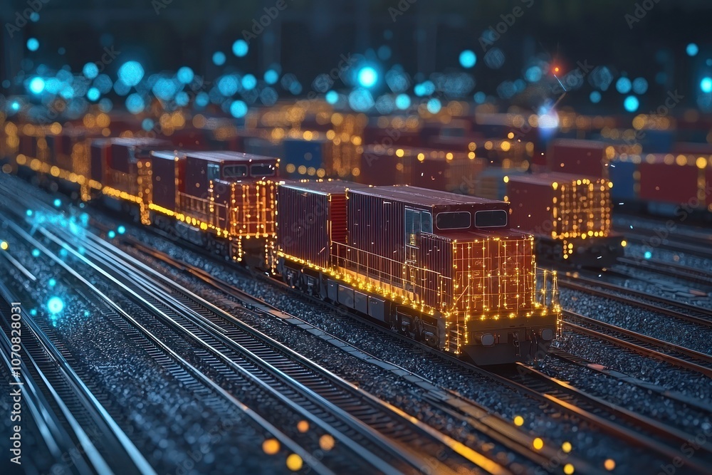Illuminated Freight Train on Railway Tracks at Night Illuminated Freight Train on Railway Tracks at Night