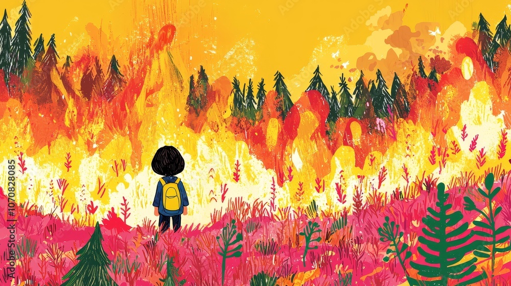 Obraz premium A young explorer stands in awe before the fiery landscape of a forest fire contemplating nature's fury
