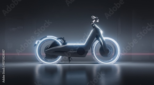 A futuristic electric bicycle with transparent glowing wheels displayed in a minimalistic studio. photo