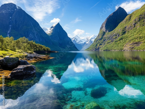 A scenic view of the Norwegian fjords, with crystal-clear water and towering cliffs, perfect for adventure seekers. photo