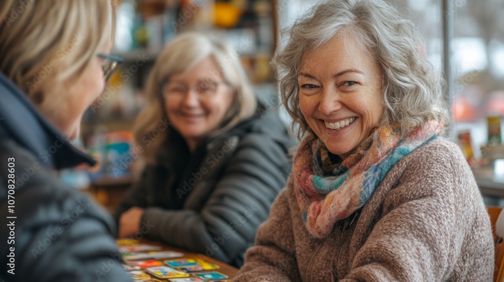 Three women share laughter while playing a card game at a warm cafe, surrounded by colorful game items and a welcoming atmosphere on a cool day. Three women share laughter while playing a card game at a warm cafe, surrounded by colorful game items and a welcoming atmosphere on a cool day.