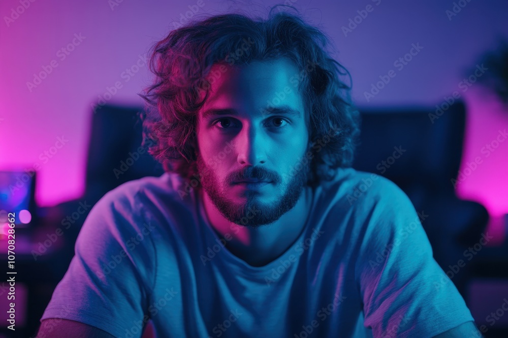 Portrait of a young man with curly hair, illuminated by vibrant neon blue and pink lights, sitting indoors at night, evoking creativity, modern lifestyle, and artistic expression Portrait of a young man with curly hair, illuminated by vibrant neon blue and pink lights, sitting indoors at night, evoking creativity, modern lifestyle, and artistic expression